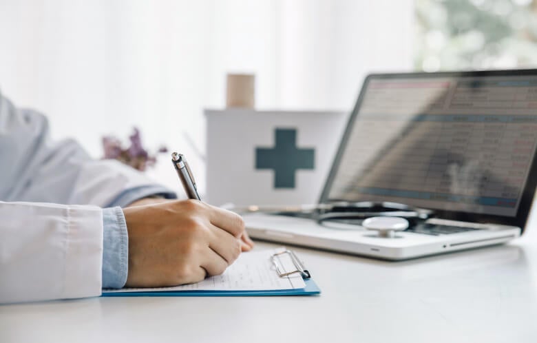 doctor writing clipboard laptop desk blog image template    